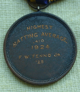 This medal was awarded to Frank W. Fenno, Jr. (class of 1925) for carrying the Naval Academy team's highest batting average (.410) for the 1924 season.