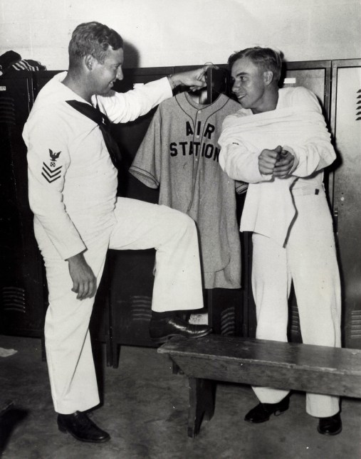September 18, 1943 - Hugh Casey (left), former Brooklyn pitcher, and Pee Wee Reese, former Brooklyn shortstop, wear different uniforms now but are still playing top notch ball. They are the nucleus for a service team at the Naval Air Station, Norfolk, VA (author's collection).